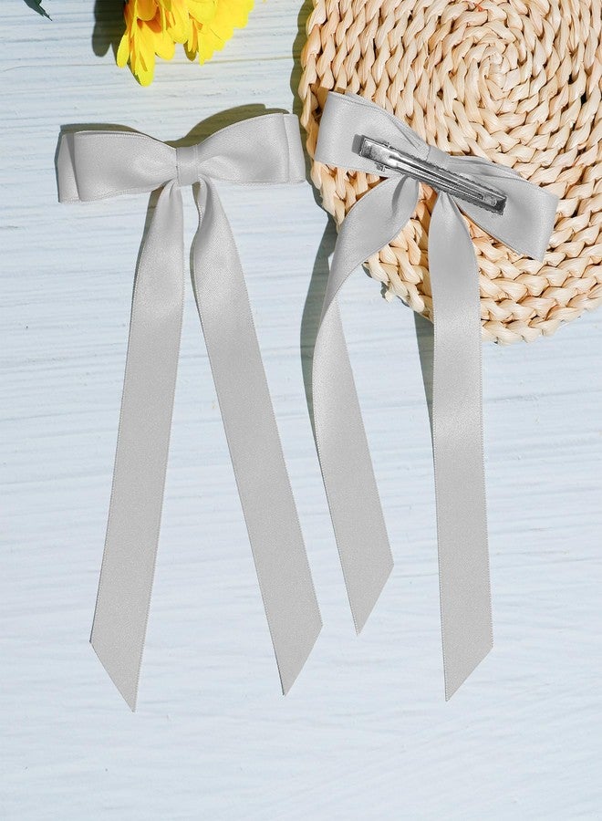 TULOBI 2PCS Gray Hair Bows Solid Satin Polyester Ribbon Bow Hair Clips Ponytail Big French Hair Barrettes with Long Tail Wedding Dress Decor Hair Accessories for Women Toddler Teen Girls - Image 3